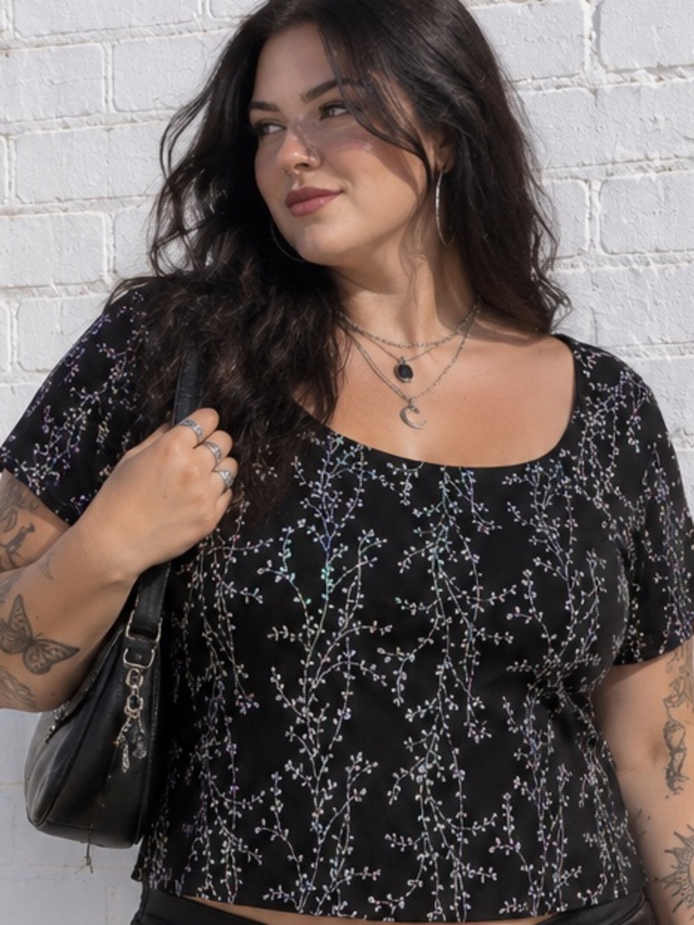 Vintage Womens XXL Black Iridescent Floral Sparkle Top Whimsigoth Goth Y2K Party
